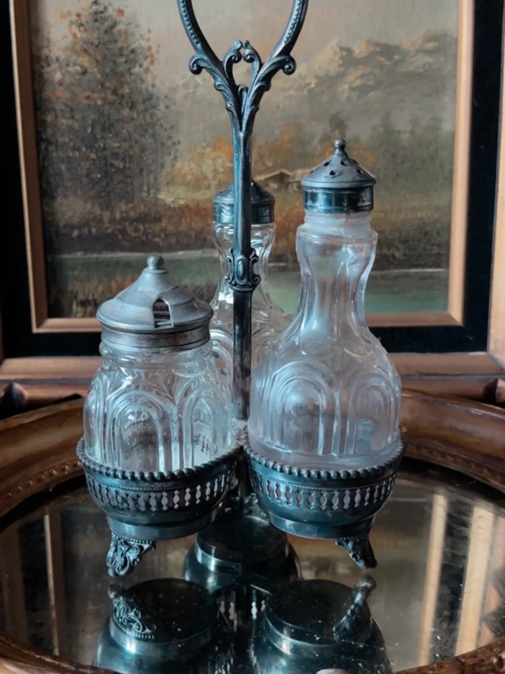 Vintage-Style Glass Condiment Set with Silver-Tone Metal Carrier - Clear